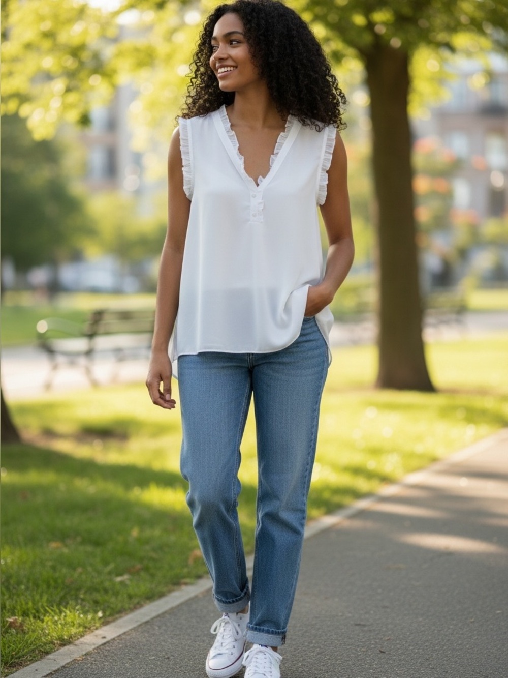 Everleigh Ruffled V-Neck High-Low Tank Top L